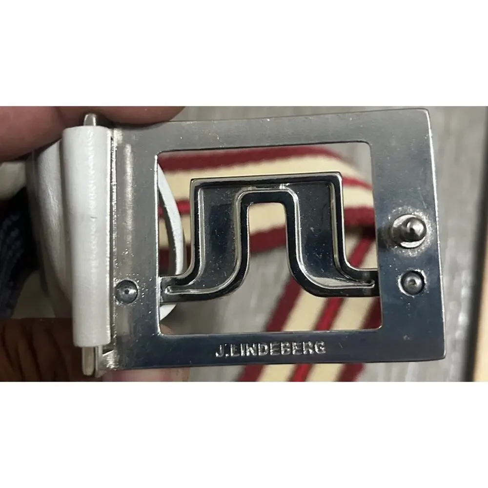 J.Lindeberg Woven Stretch Golf Belt Red Cream White Leather Italy Size 36 100cm